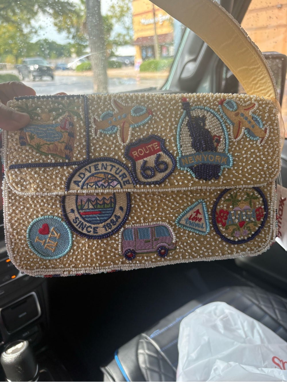 Beaded Patchwork Travel Clutch Bag - Tan with Multicolor Embroidery